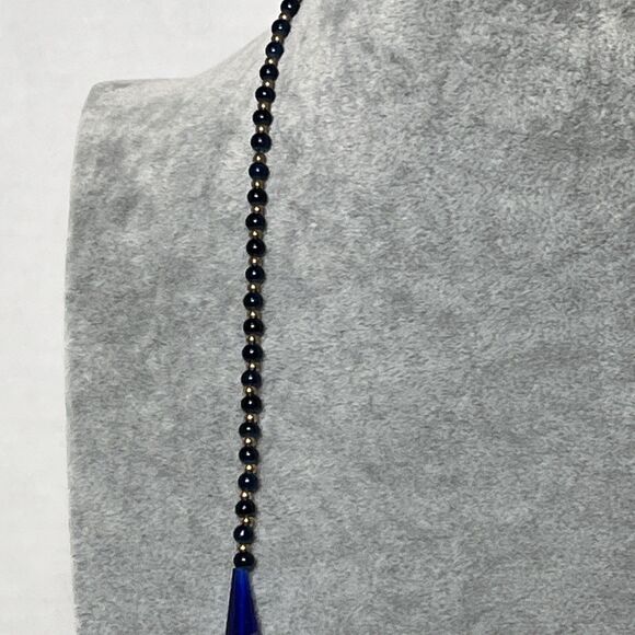 Stunning Art Glass Faceted Crystal Blue Gold Beaded Necklace 28” - Picture 2 of 7